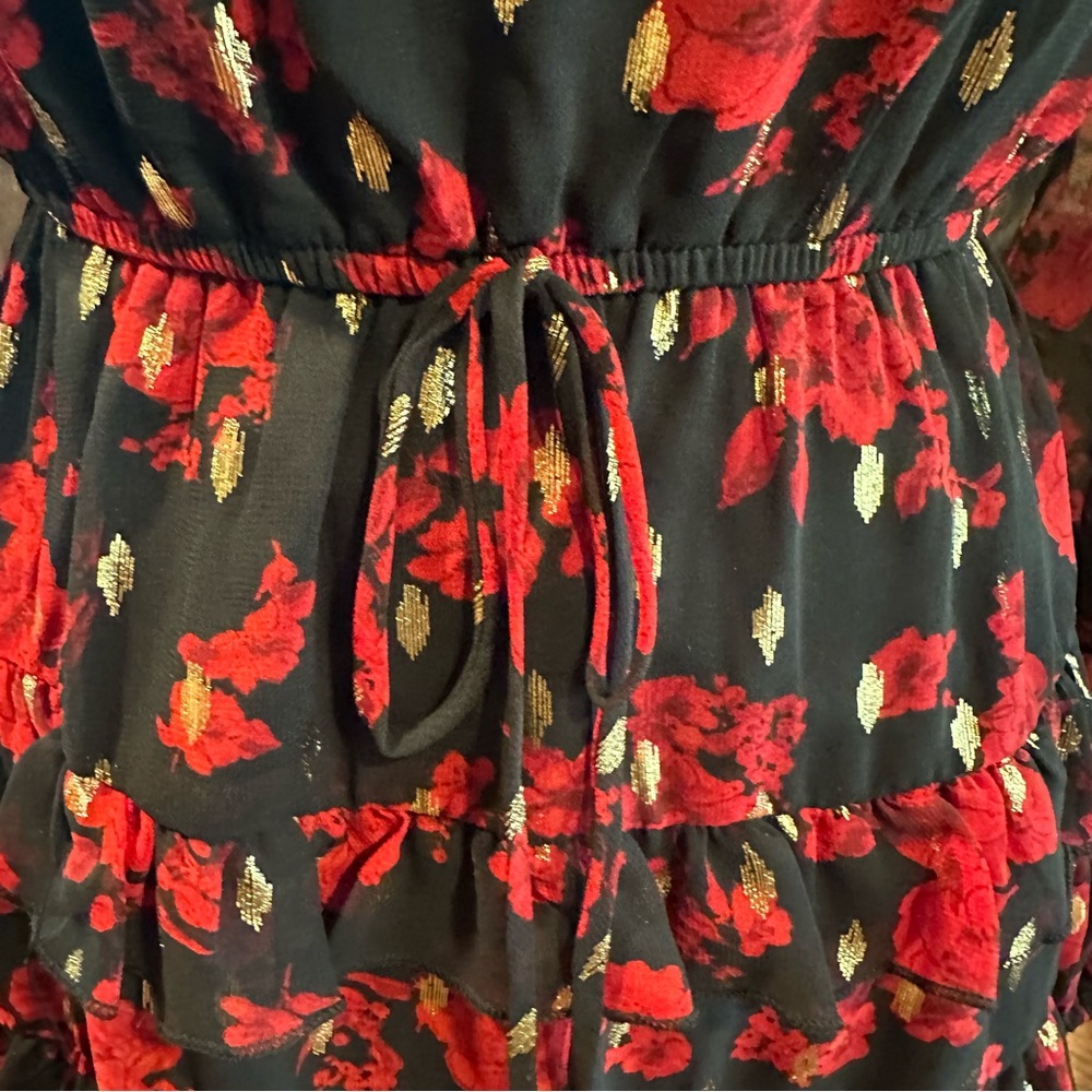 City Studio Womens Juniors Red Black Gold Floral Print Square Neck Dress Small - Picture 9 of 9